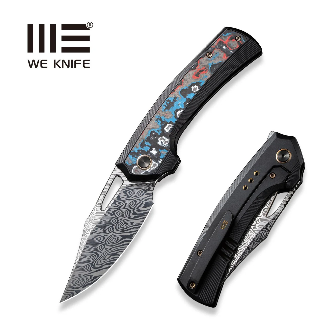 WEKNIFE Nefaris Flipper & Thumb Hole Knife Titanium & FatCarbon Fiber Handle (3.48" Damasteel Blade) WE22040F-DS1