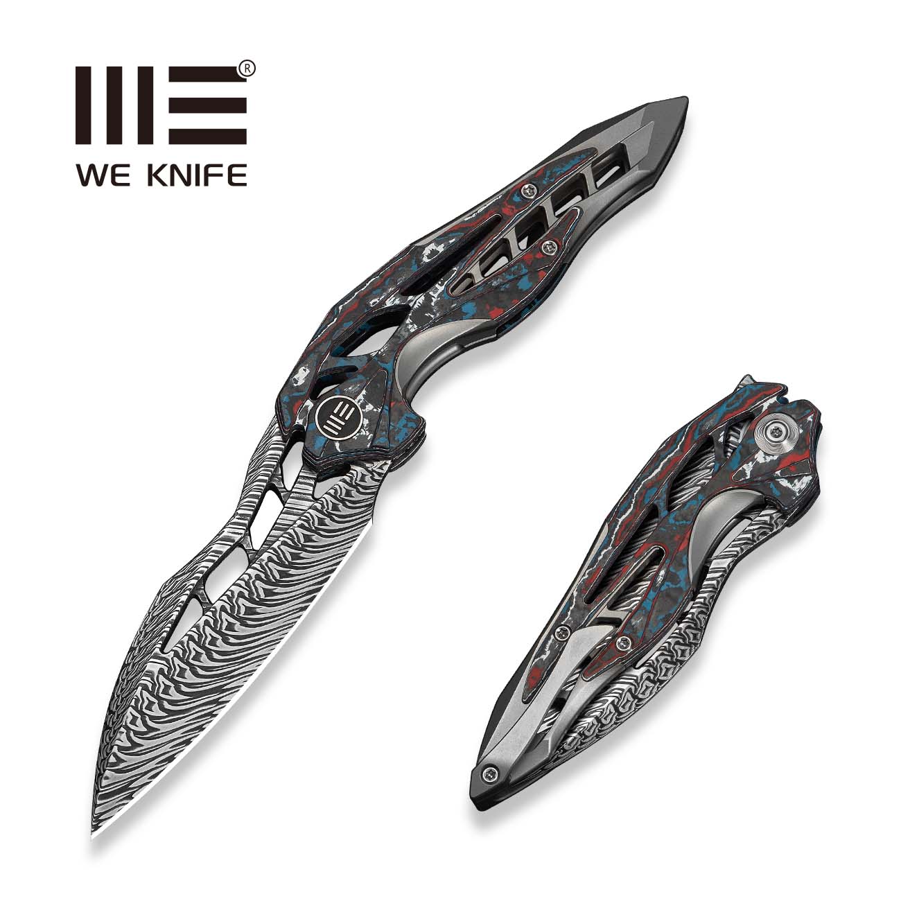 WEKNIFE Arrakis Flipper Knife Gray Titanium Handle With Black , Red, Blue, White Nebula FatCarbon Fiber Inlay (3.47" Fafnir Damasteel Blade) 906CF-DS2