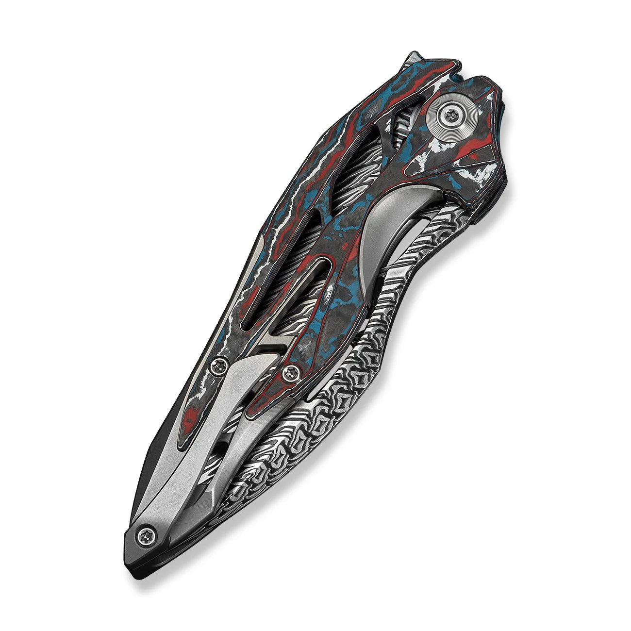 WEKNIFE Arrakis Flipper Knife Gray Titanium Handle With Black , Red, Blue, White Nebula FatCarbon Fiber Inlay (3.47" Fafnir Damasteel Blade) 906CF-DS2 - Image 4