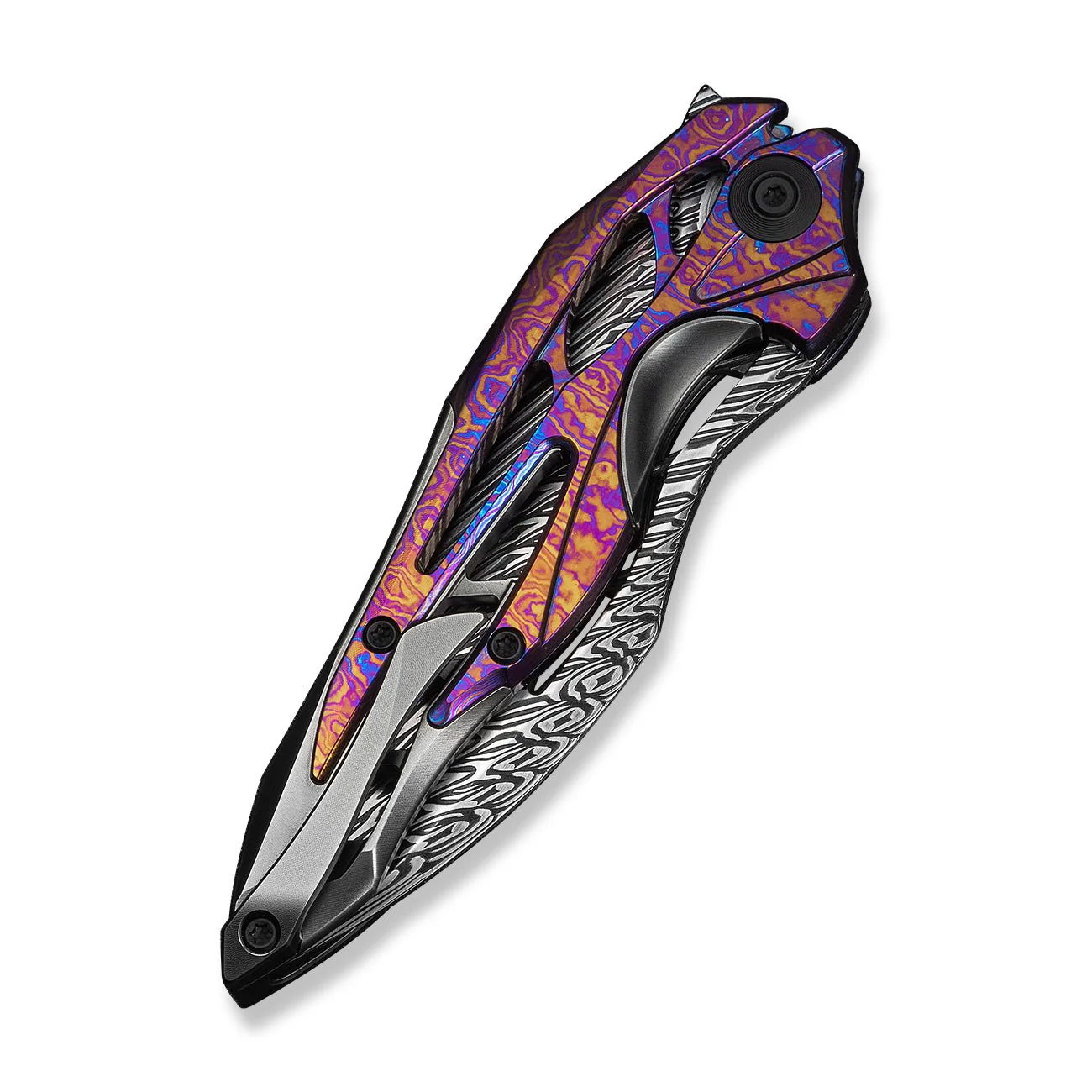 WEKNIFE Arrakis Flipper Knife Polished Gray Titanium Handle With Flamed Timascus Inlay (3.47" Fafnir Damasteel Blade) 906DS-2 - Image 4