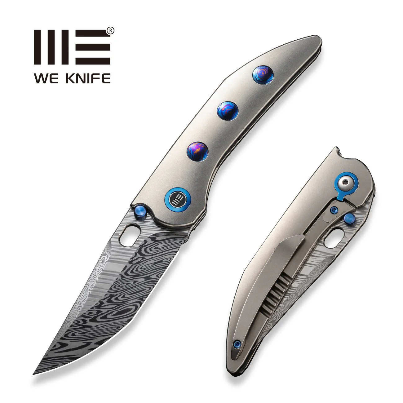WEKNIFE Attor Thumb Stud & Thumb Hole Knife Titanium Handle (3.55" Damasteel Blade) WE23037-DS1