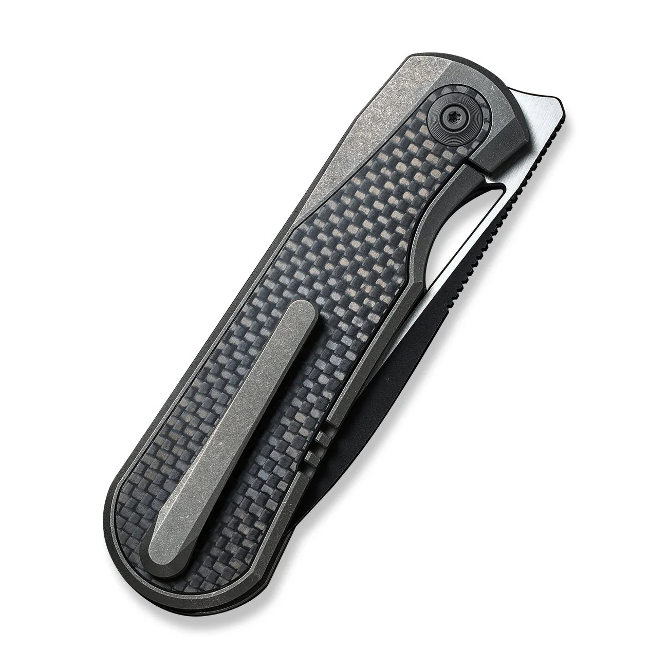 WEKNIFE Baloo Mystery Box Front Flipper & Thumb Hole Knife Gray Titanium Handle With Twill Carbon Fiber Inlay (3.31" Black Stonewashed CPM 20CV Blade, Satin Flat) WE21033-2 MB, With One Free Mystery WE Or CIVIVI Model - Image 7