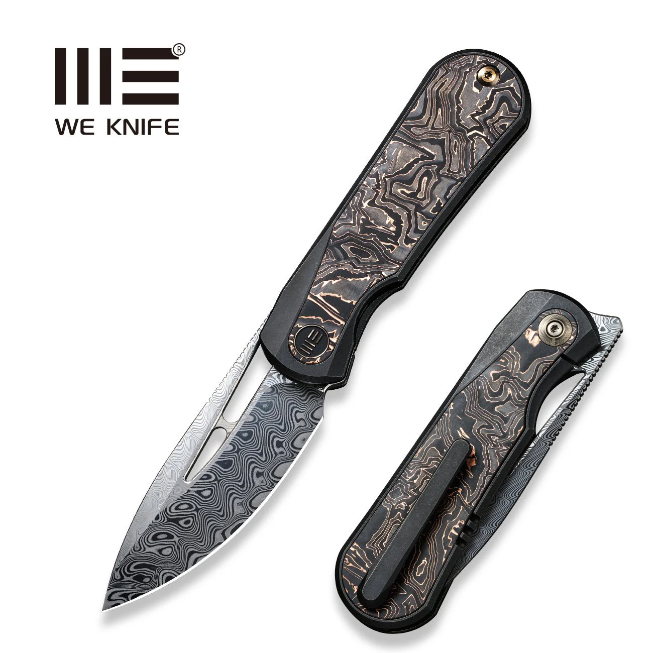 WEKNIFE Baloo Front Flipper & Thumb Hole Knife Titanium & Carbon Fiber Handle (3.31" Damasteel) WE21033-DS1