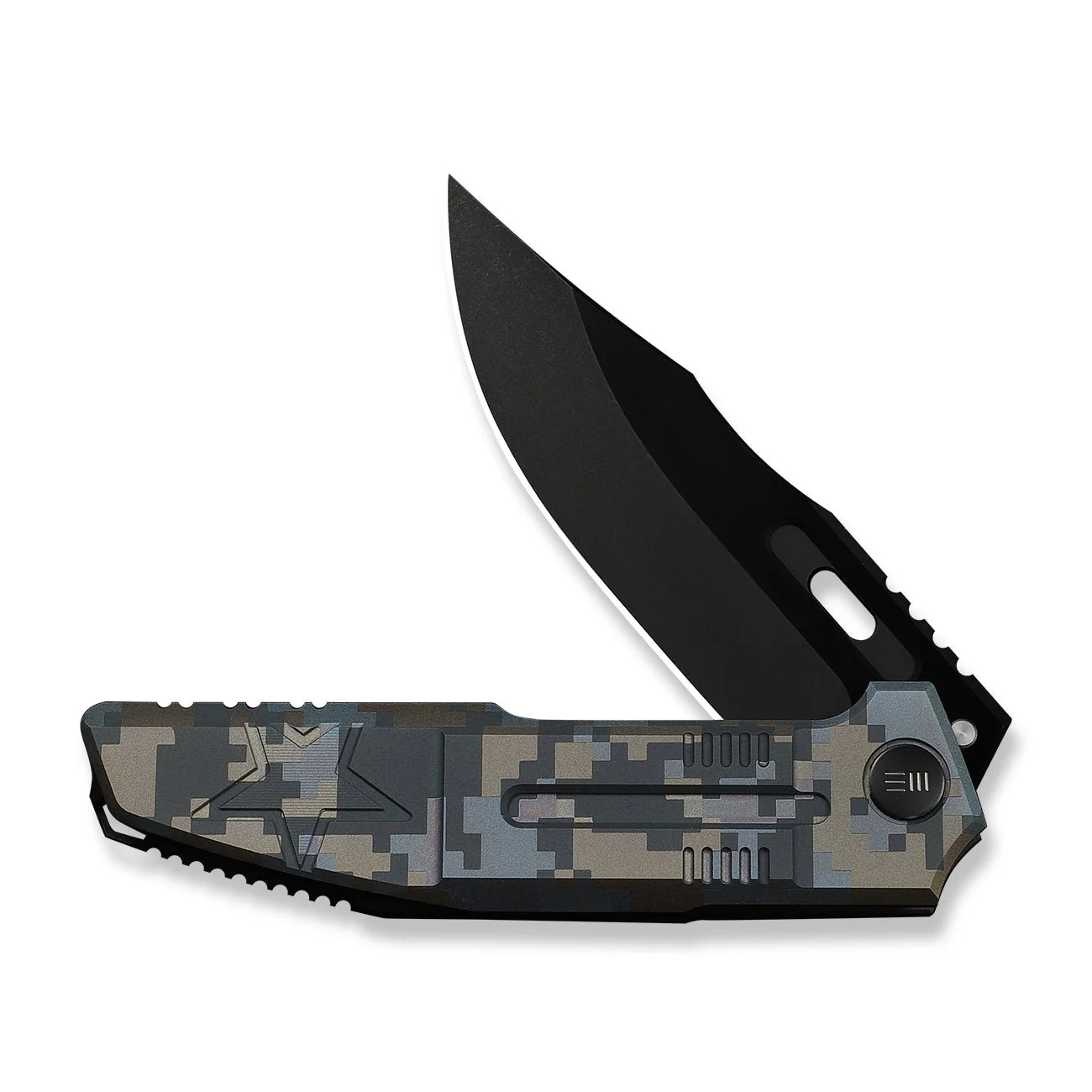 WEKNIFE Barracks Flipper Knife Pixel Pattern Titanium Handle (3.85" Black Stonewashed Bevels, Black Brushed Flats Bohler M390 Blade) WE25078-3 - Image 5