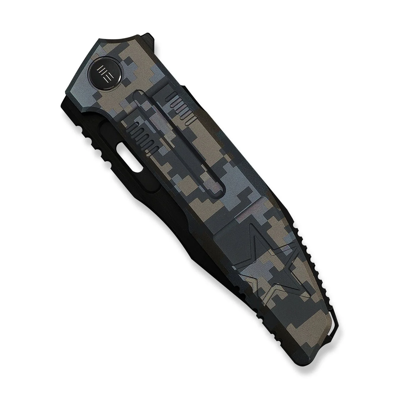 WEKNIFE Barracks Flipper Knife Pixel Pattern Titanium Handle (3.85" Black Stonewashed Bevels, Black Brushed Flats Bohler M390 Blade) WE25078-3 - Image 6
