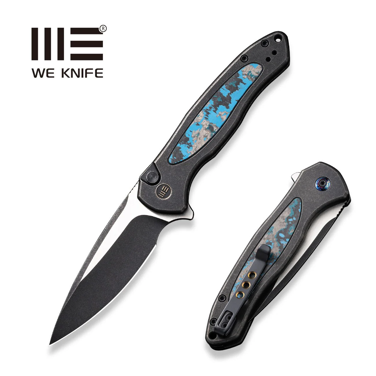 WEKNIFE Button Lock Kitefin Flipper Knife Titanium & FatCarbon Fiber Handle (3.22" CPM 20CV Blade) WE19002N-1
