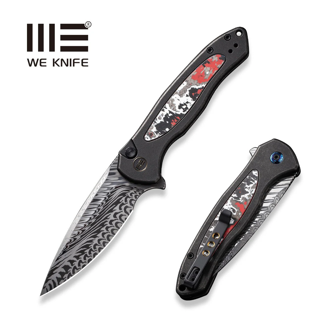 WEKNIFE Button Lock Kitefin Flipper Knife Titanium & FatCarbon Fiber Handle (3.22" Damasteel Blade) WE19002N-DS1