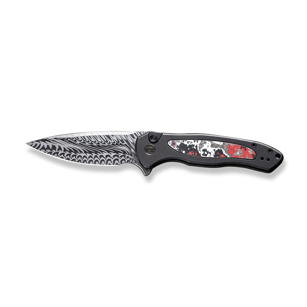 WEKNIFE Button Lock Kitefin Flipper Knife Titanium & FatCarbon Fiber Handle (3.22" Damasteel Blade) WE19002N-DS1 - Image 4