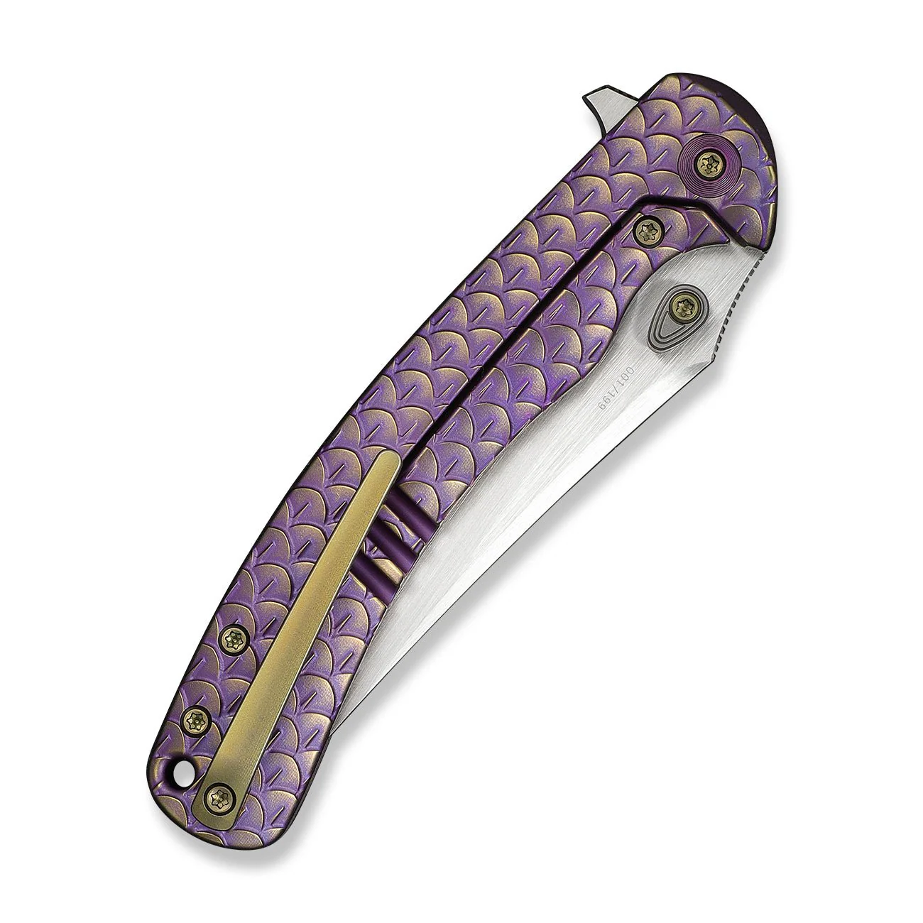WEKNIFE Dracarys Flipper & Thumb Stud Knife Purple & Golden Titanium Handle (3.58" Hand Rubbed Satin Bohler M390 Blade) WE25061B-2 - Image 7