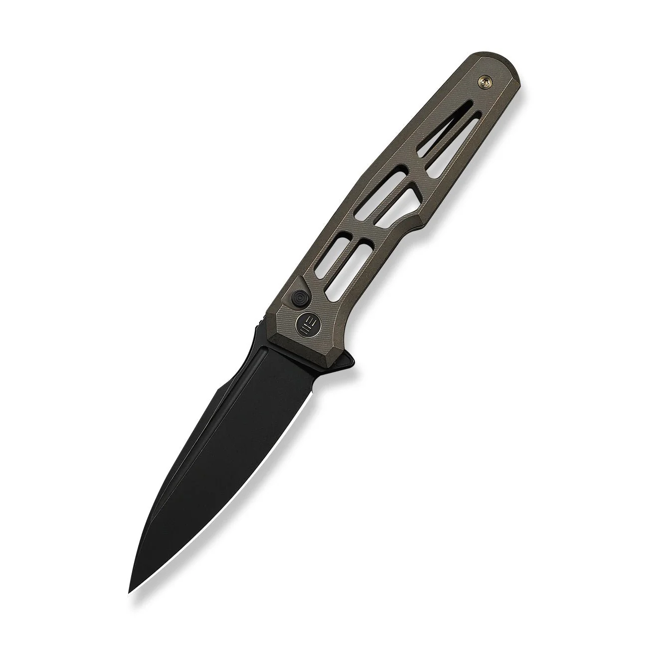 WEKNIFE Dressytak Flipper & Button Lock Knife Skeletonized Bronze Titanium Handle (3.37" Black Stonewashed Bohler M390 Blade) WE25059B-1 - Image 3