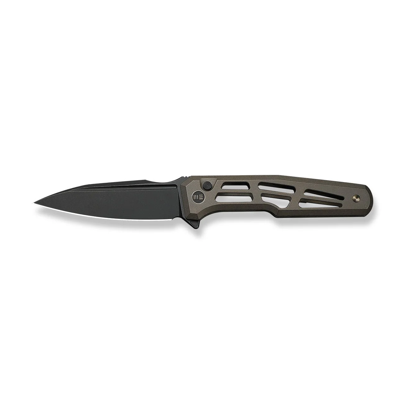 WEKNIFE Dressytak Flipper & Button Lock Knife Skeletonized Bronze Titanium Handle (3.37" Black Stonewashed Bohler M390 Blade) WE25059B-1 - Image 4