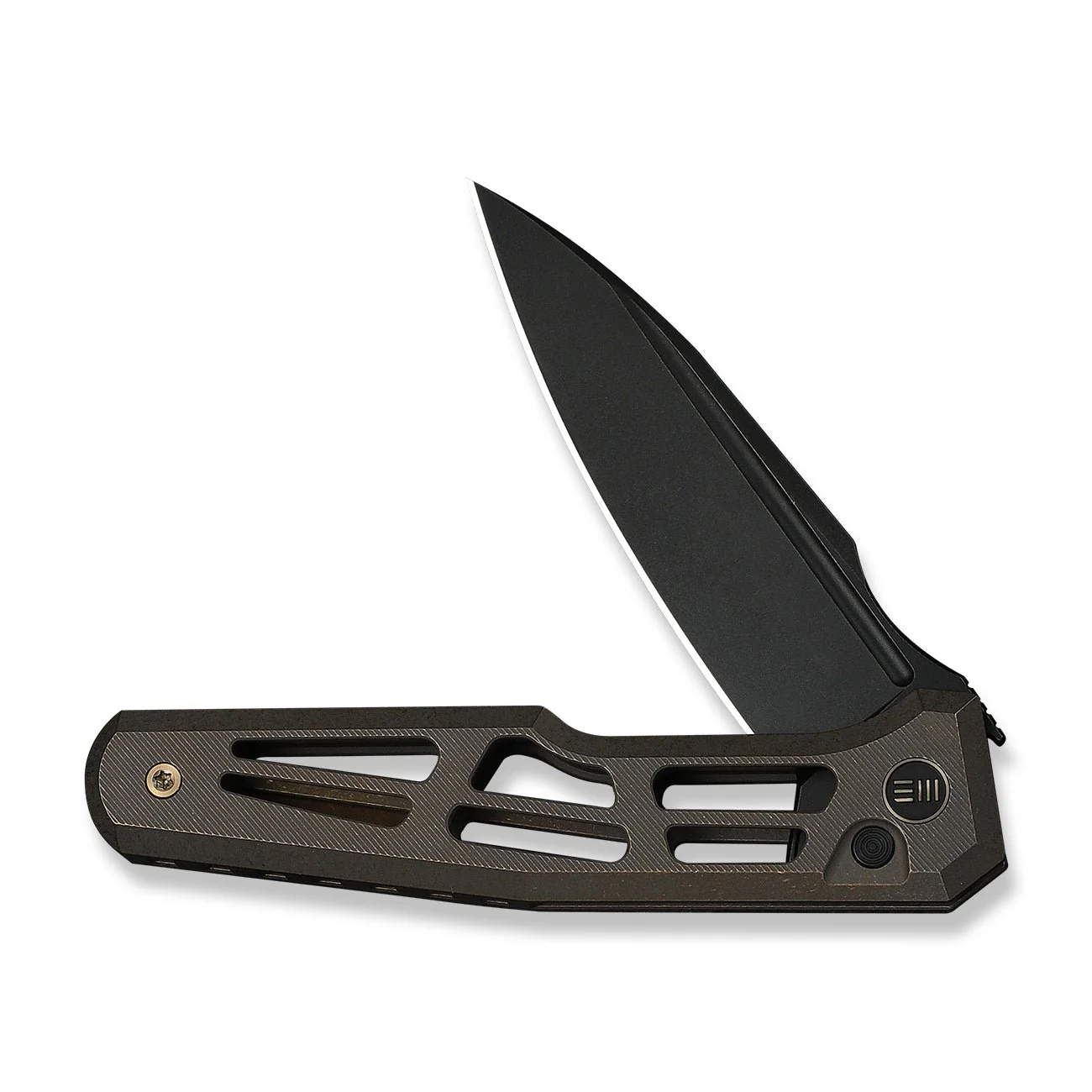 WEKNIFE Dressytak Flipper & Button Lock Knife Skeletonized Bronze Titanium Handle (3.37" Black Stonewashed Bohler M390 Blade) WE25059B-1 - Image 5