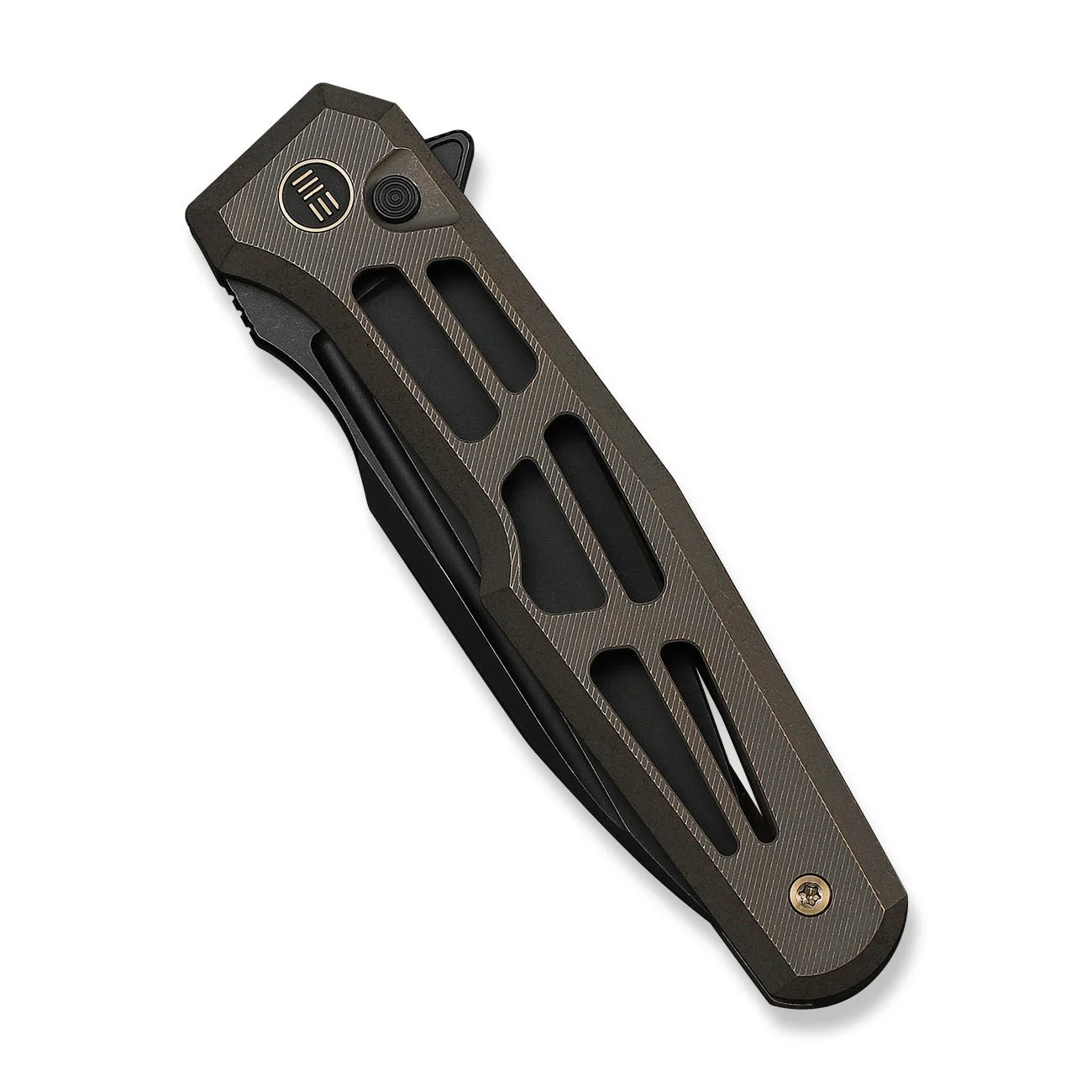 WEKNIFE Dressytak Flipper & Button Lock Knife Skeletonized Bronze Titanium Handle (3.37" Black Stonewashed Bohler M390 Blade) WE25059B-1 - Image 6