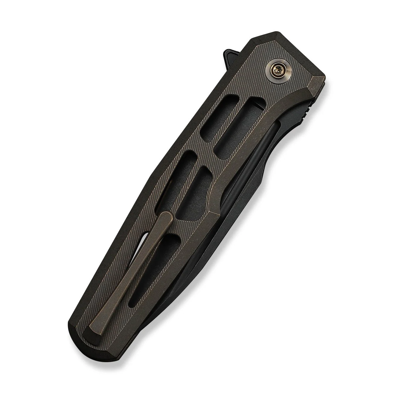WEKNIFE Dressytak Flipper & Button Lock Knife Skeletonized Bronze Titanium Handle (3.37" Black Stonewashed Bohler M390 Blade) WE25059B-1 - Image 7