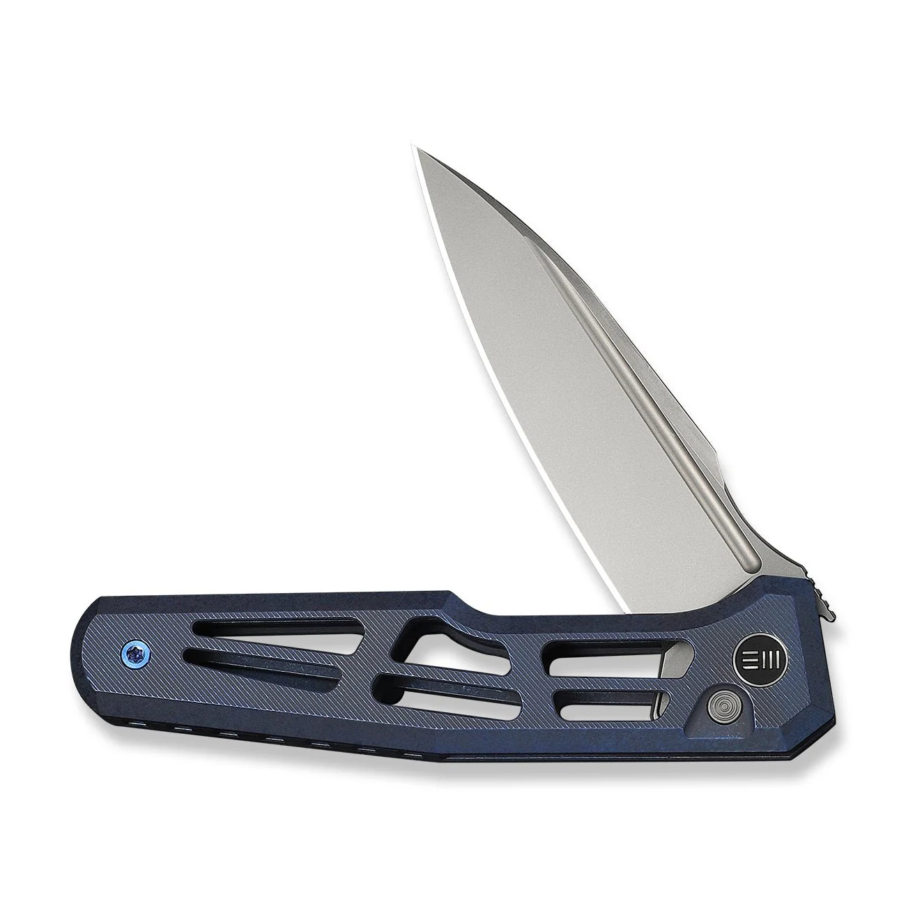 WEKNIFE Dressytak Flipper & Button Lock Knife Skeletonized Blue Titanium Handle (3.37" Stonewashed Bohler M390 Blade) WE25059B-2 - Image 5