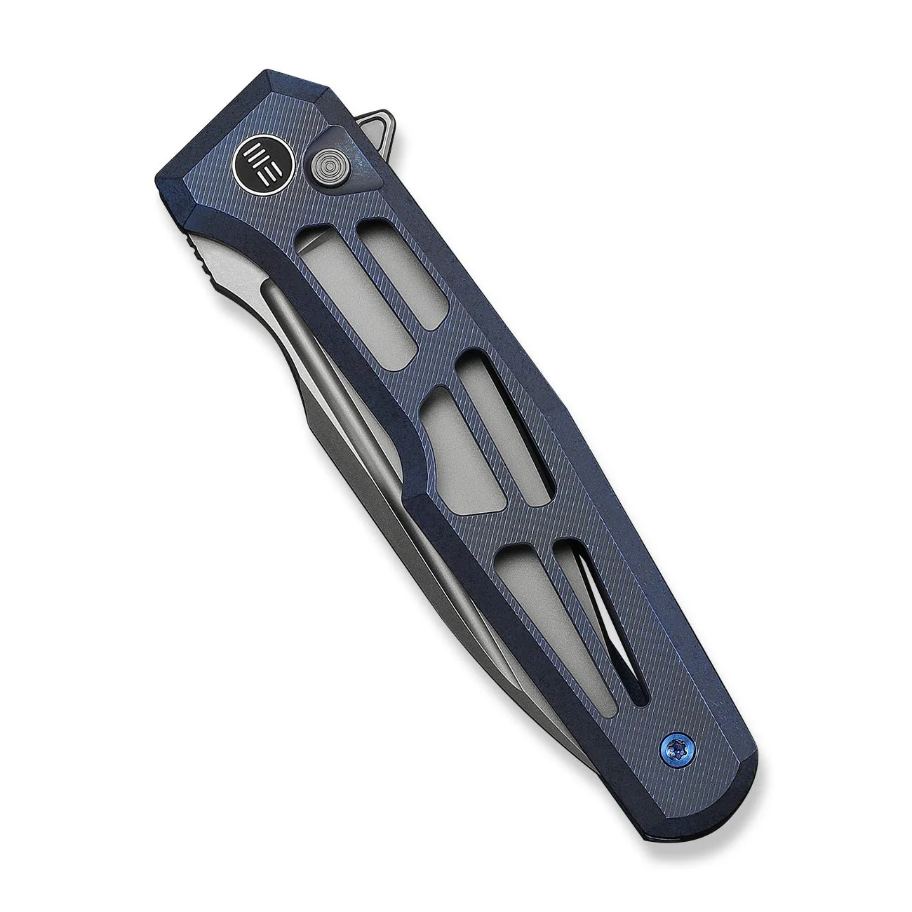 WEKNIFE Dressytak Flipper & Button Lock Knife Skeletonized Blue Titanium Handle (3.37" Stonewashed Bohler M390 Blade) WE25059B-2 - Image 6