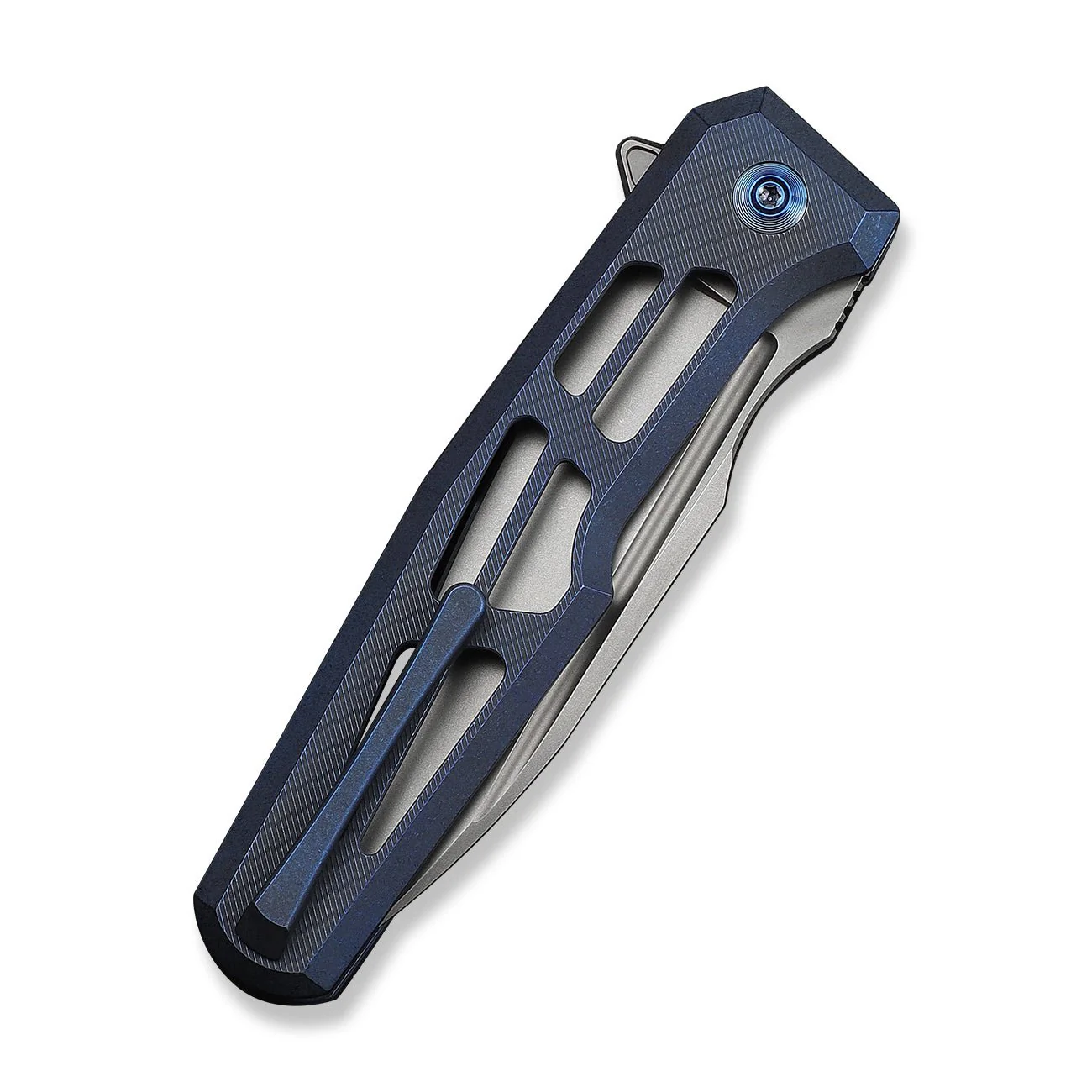 WEKNIFE Dressytak Flipper & Button Lock Knife Skeletonized Blue Titanium Handle (3.37" Stonewashed Bohler M390 Blade) WE25059B-2 - Image 7