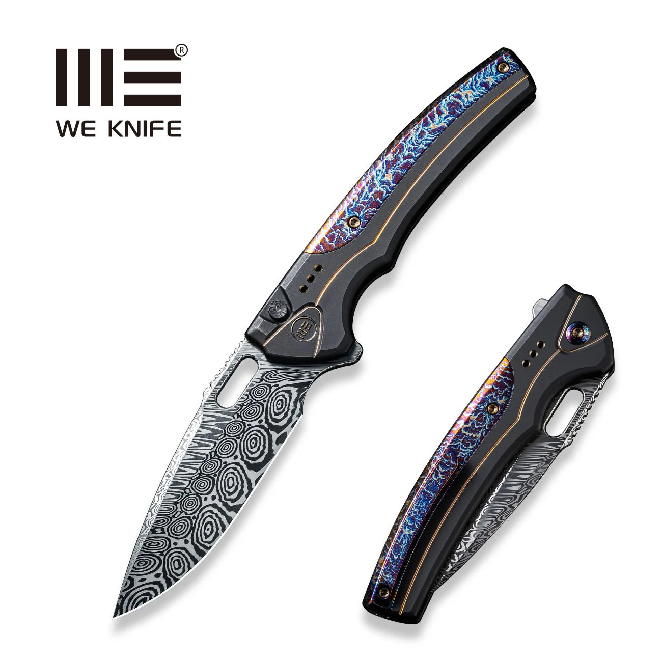 WEKNIFE Exciton Flipper & Thumb Hole & Button Lock Knife Titanium Handle (3.68" Damasteel Blade) WE22038A-DS1
