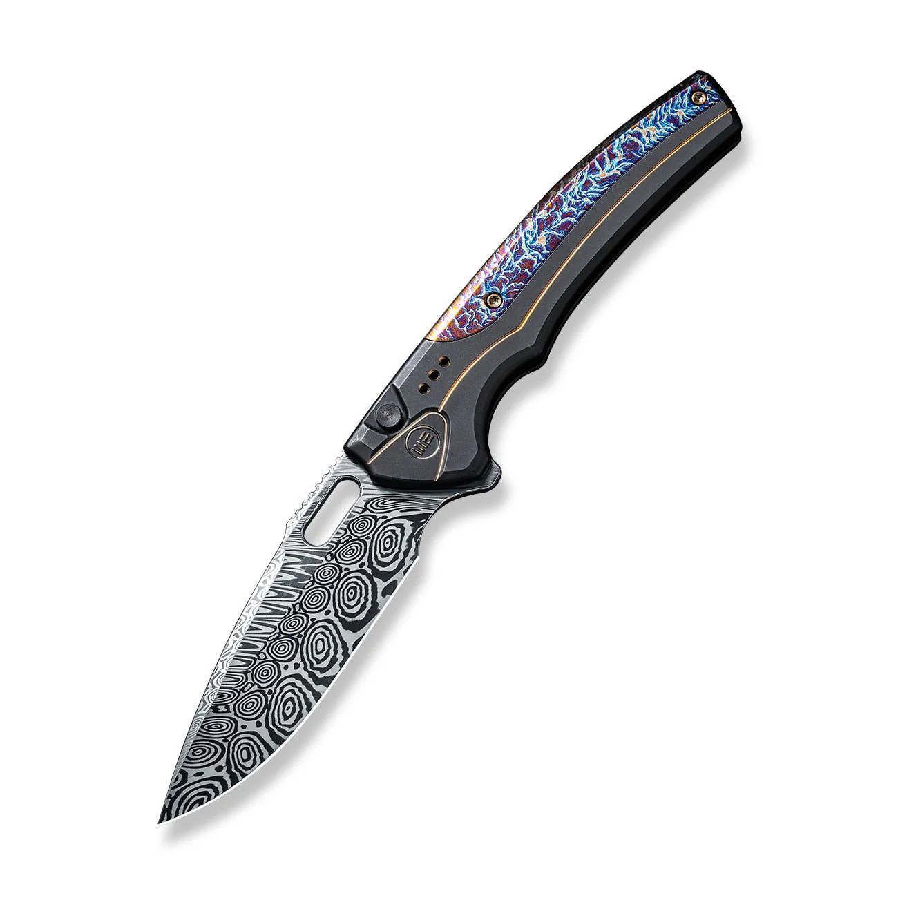 WEKNIFE Exciton Flipper & Thumb Hole & Button Lock Knife Titanium Handle (3.68" Damasteel Blade) WE22038A-DS1 - Image 3
