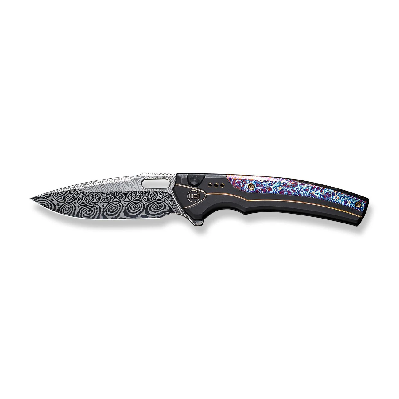 WEKNIFE Exciton Flipper & Thumb Hole & Button Lock Knife Titanium Handle (3.68" Damasteel Blade) WE22038A-DS1 - Image 4
