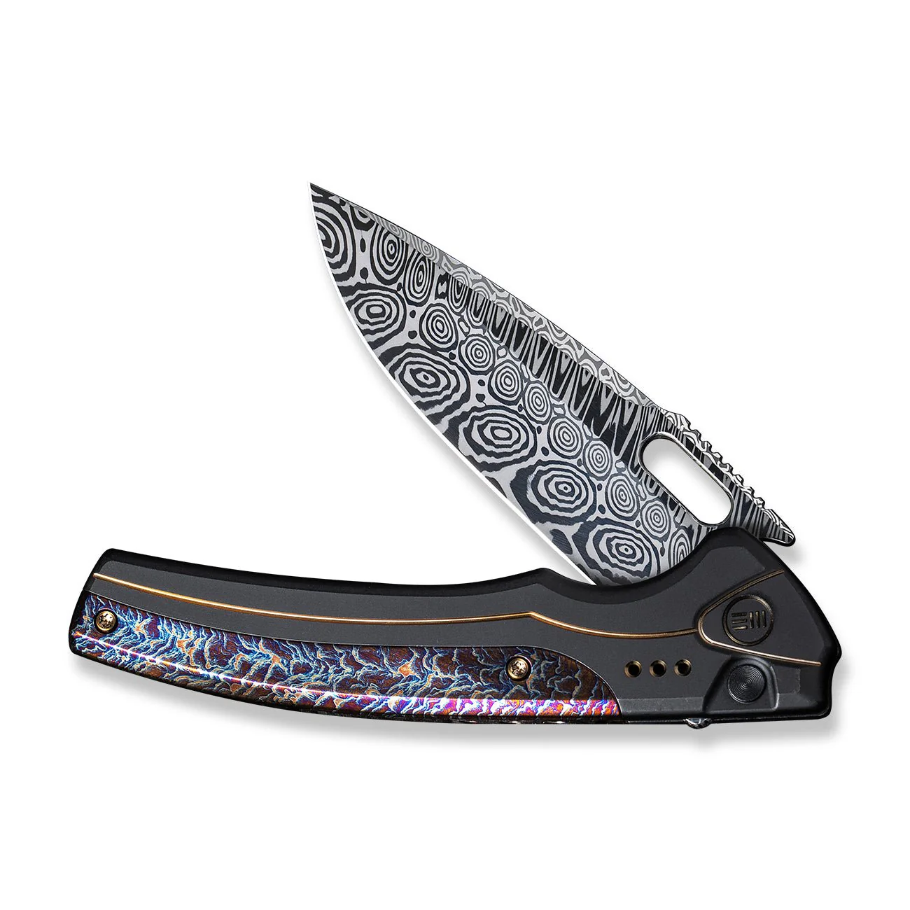 WEKNIFE Exciton Flipper & Thumb Hole & Button Lock Knife Titanium Handle (3.68" Damasteel Blade) WE22038A-DS1 - Image 5