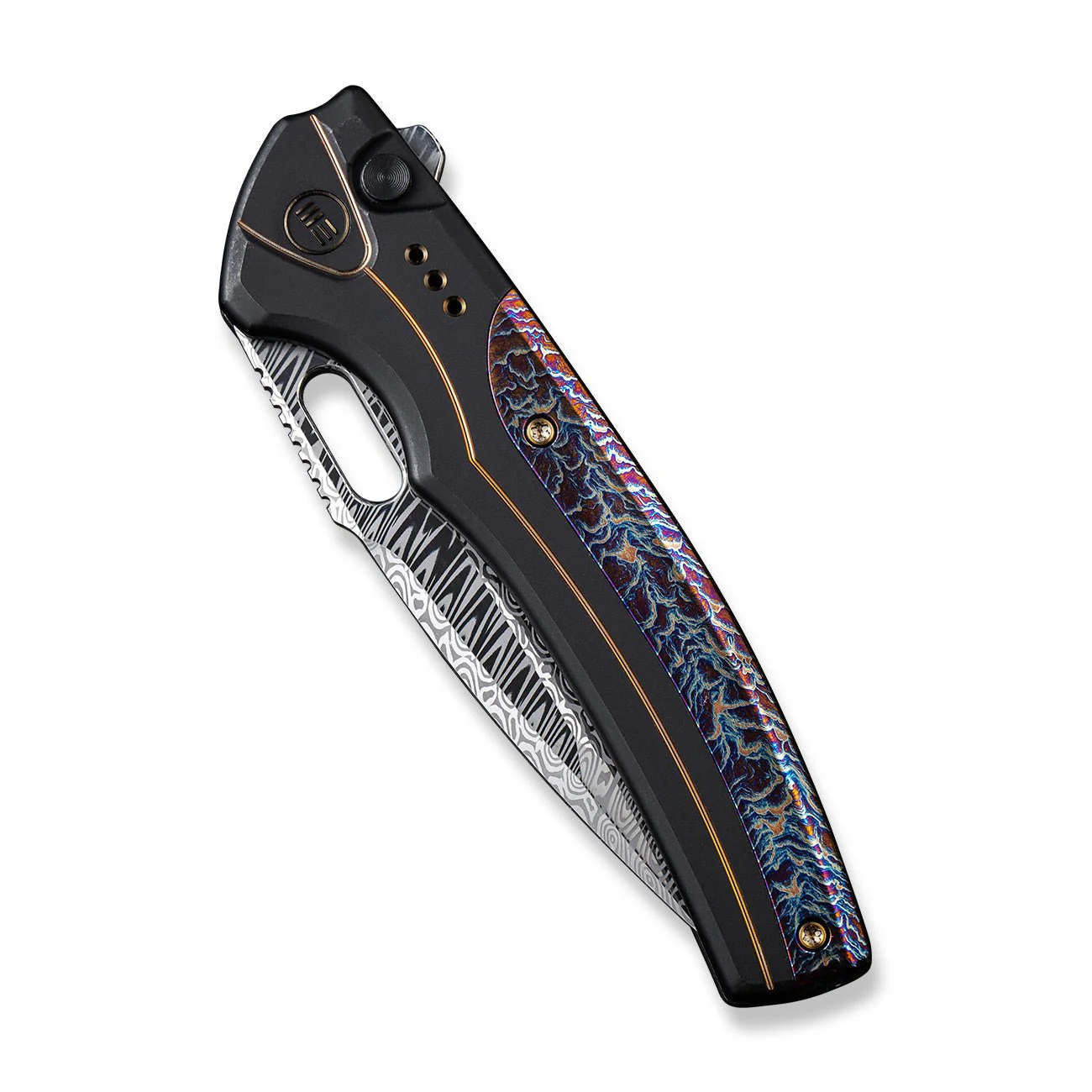 WEKNIFE Exciton Flipper & Thumb Hole & Button Lock Knife Titanium Handle (3.68" Damasteel Blade) WE22038A-DS1 - Image 6
