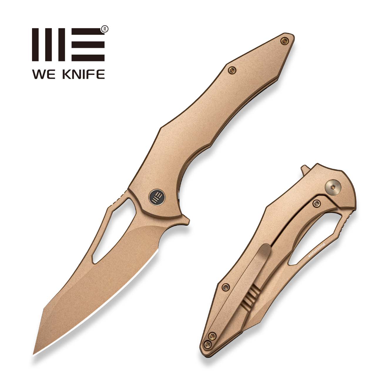 WEKNIFE Ghost Shark Flipper & Thumb Hole Knife Tan Titanium Handle (3.40" Tan Stonewashed Bohler M390 Blade) WE25085 Sample1