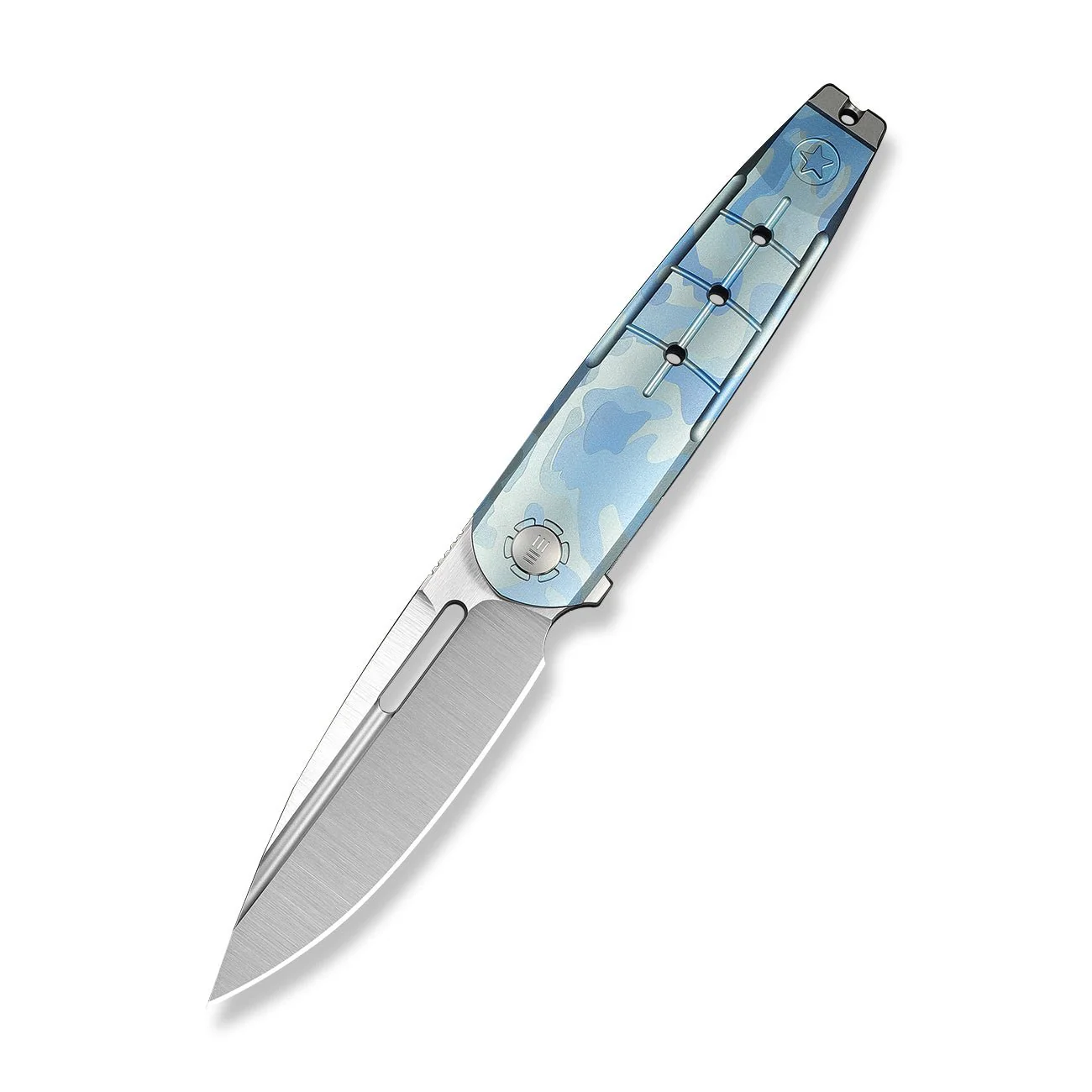 WEKNIFE Hull Flipper Knife Blue Terrain Titanium Handle & Gray Endcap (3.89" Hand Polished Satin Bohler M390 Blade) WE24046-3 - Image 3