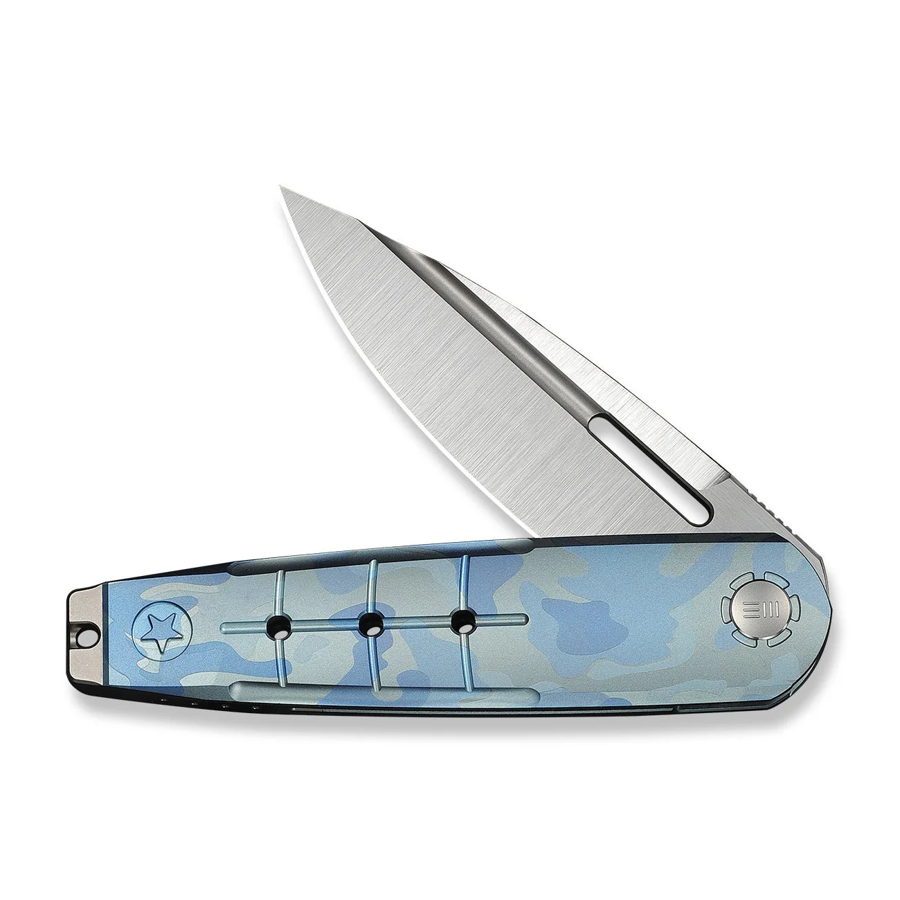 WEKNIFE Hull Flipper Knife Blue Terrain Titanium Handle & Gray Endcap (3.89" Hand Polished Satin Bohler M390 Blade) WE24046-3 - Image 5