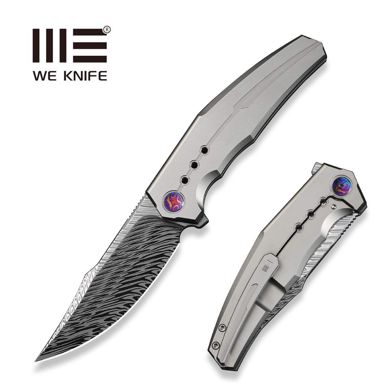 WEKNIFE Kyklos Flipper Knife Gray Titanium Handle (3.79" Fafnir Damasteel Blade) WE23086-DS1