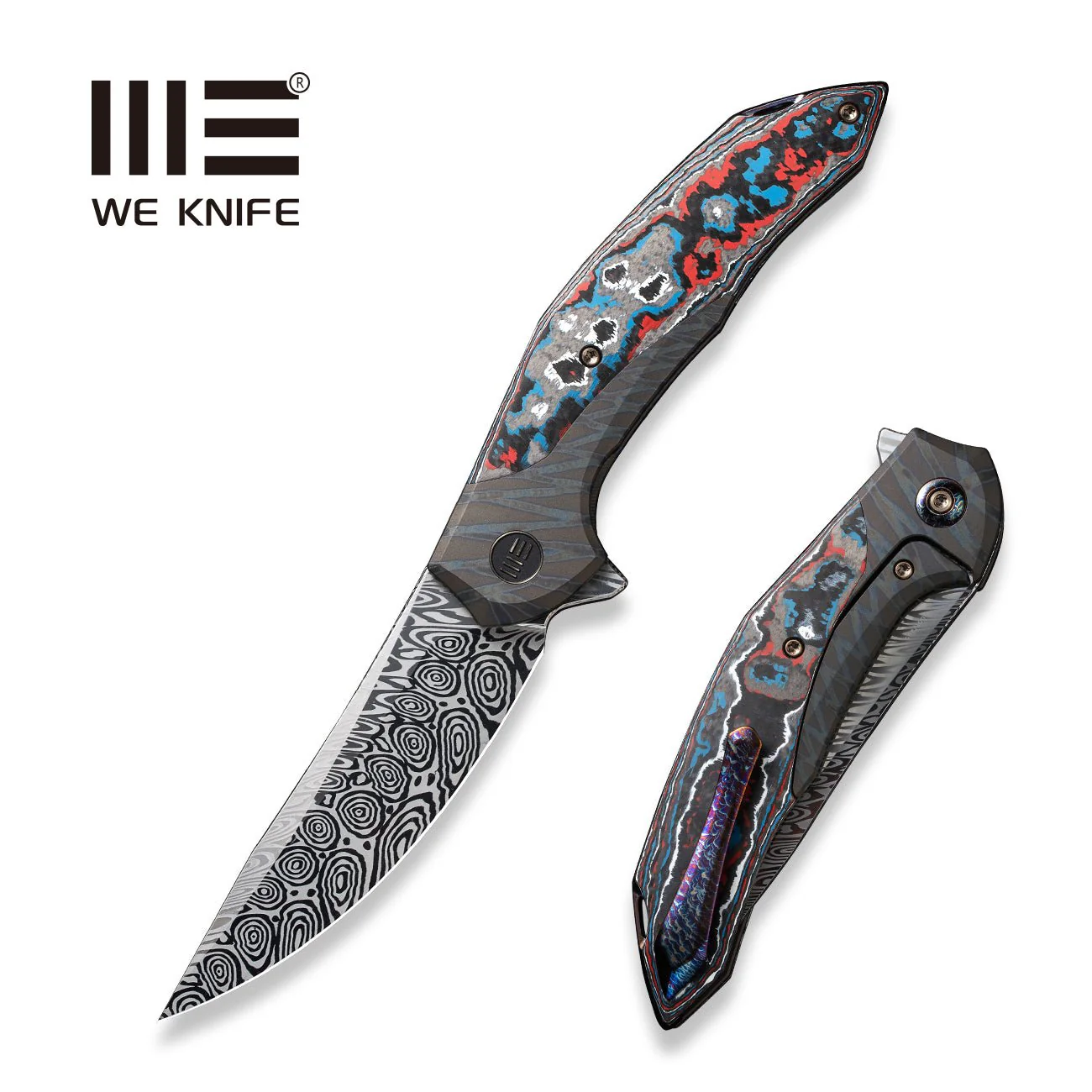 WEKNIFE Merata Flipper Knife Titanium & FatCarbon Fiber Handle (3.68" Damasteel Blade) WE22008B-DS1
