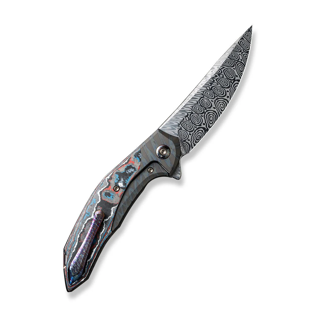 WEKNIFE Merata Flipper Knife Titanium & FatCarbon Fiber Handle (3.68" Damasteel Blade) WE22008B-DS1 - Image 2