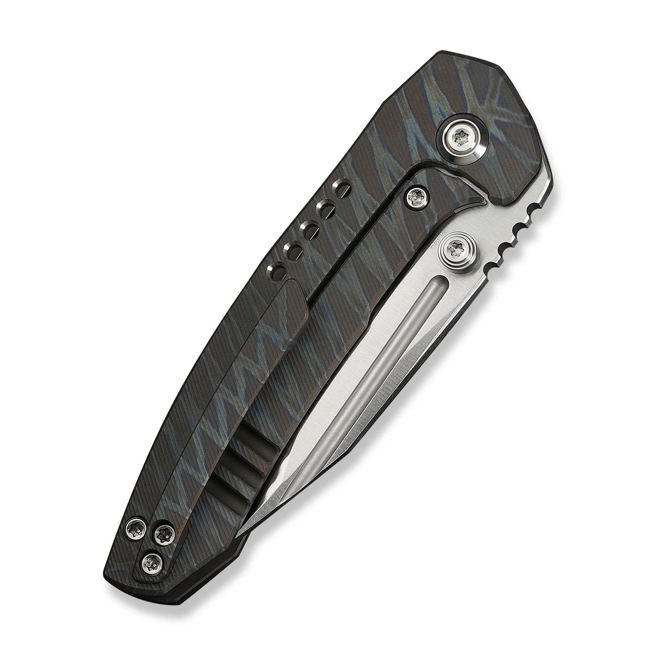 WEKNIFE Micro Trogon Thumb Stud Knife Tiger Stripe Pattern Flamed Titanium Handle (2.68" Satin Finished Bohler M390 Blade) WE24043-3 - Image 7