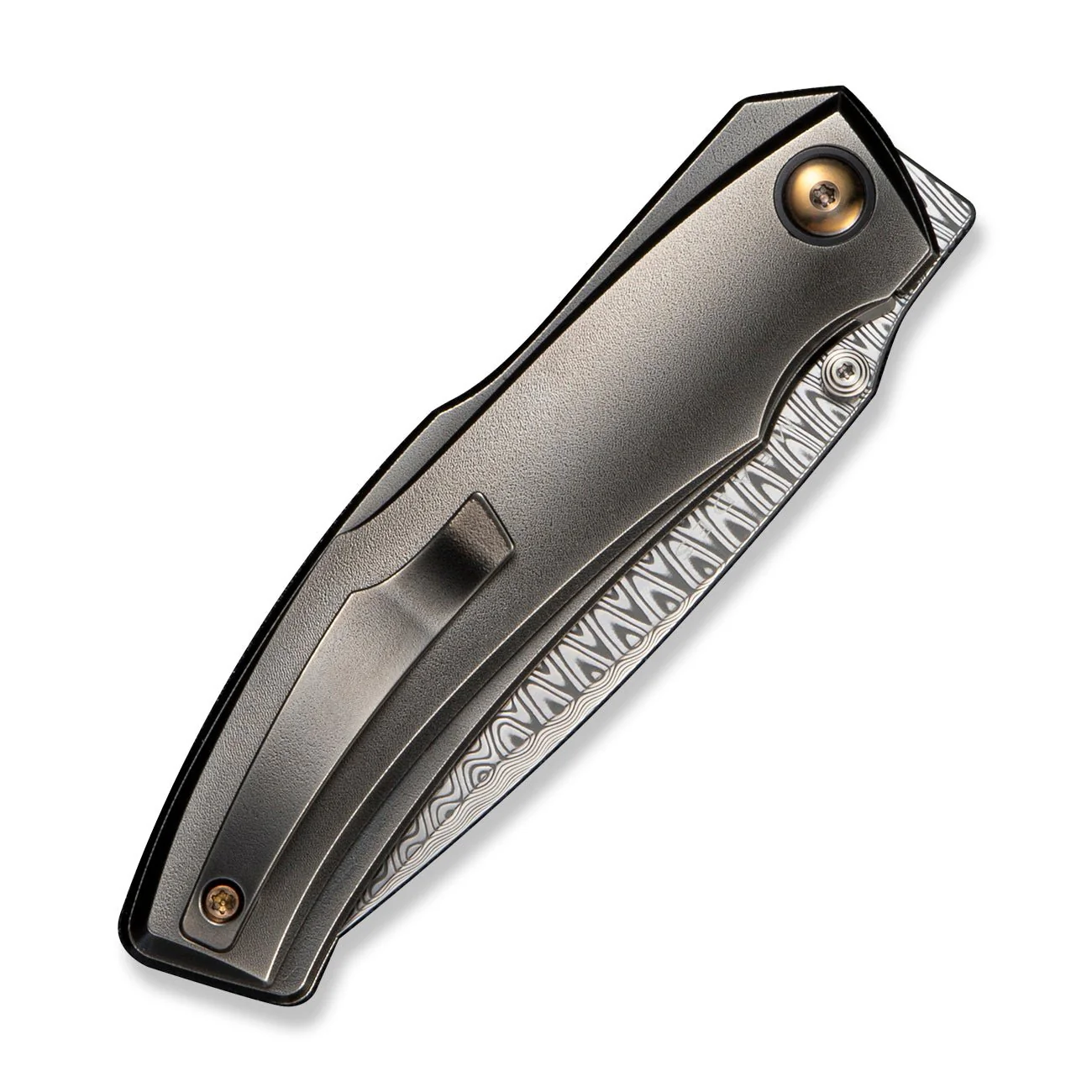 WEKNIFE Swordfin Front Flipper & Thumb Stud Knife Polished Gray Orange Peel Textured Titanium Handle Polished Gray Orange Peel Textured Titanium Liner (3.28" Hugin Damasteel Blade) WE23067-2025 BSW1 - Image 4