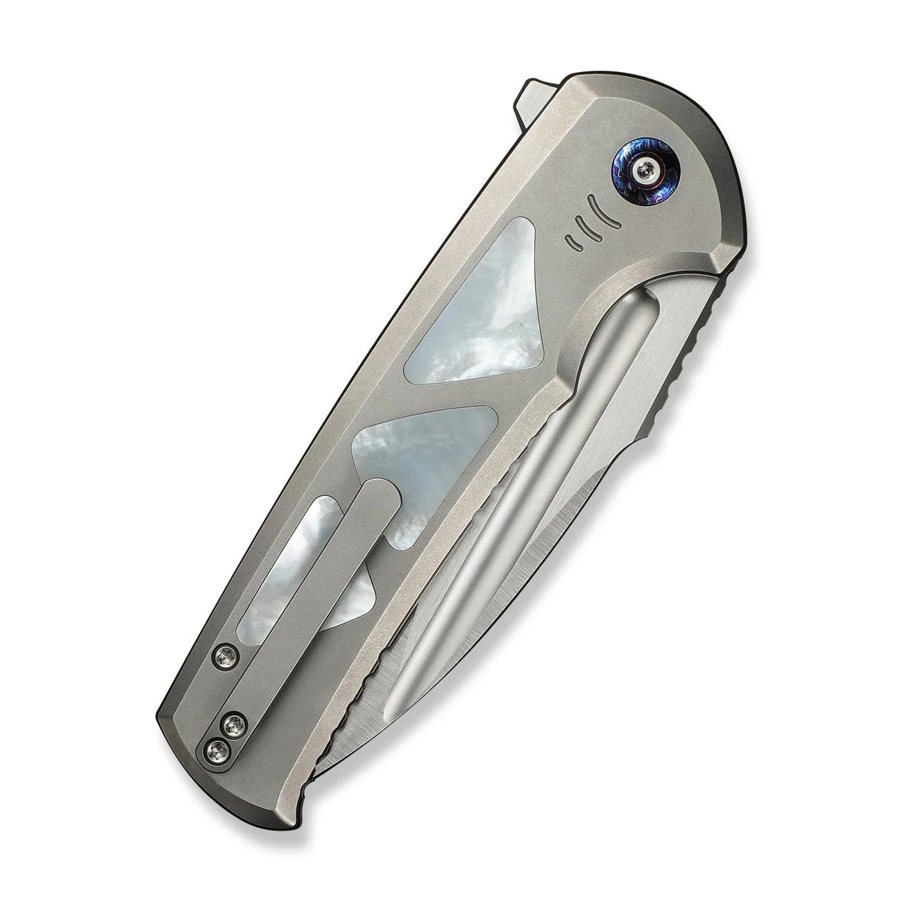 WEKNIFE Sylox Flipper & Button Lock Knife Titanium & Mother of Pearl Handle (3.8" M390 Blade) WE24027-4 - Image 7