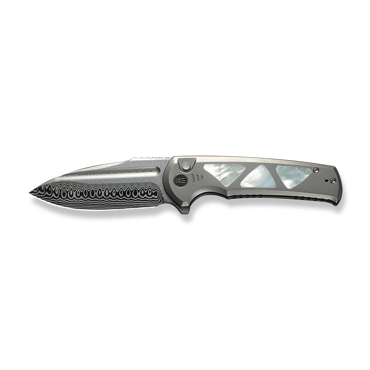 WEKNIFE Sylox Flipper & Button Lock Knife Titanium & Mother of Pearl Handle (3.8" Damasteel Blade) WE24027-DS1 - Image 4