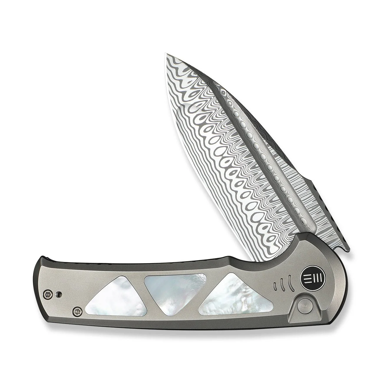 WEKNIFE Sylox Flipper & Button Lock Knife Titanium & Mother of Pearl Handle (3.8" Damasteel Blade) WE24027-DS1 - Image 5