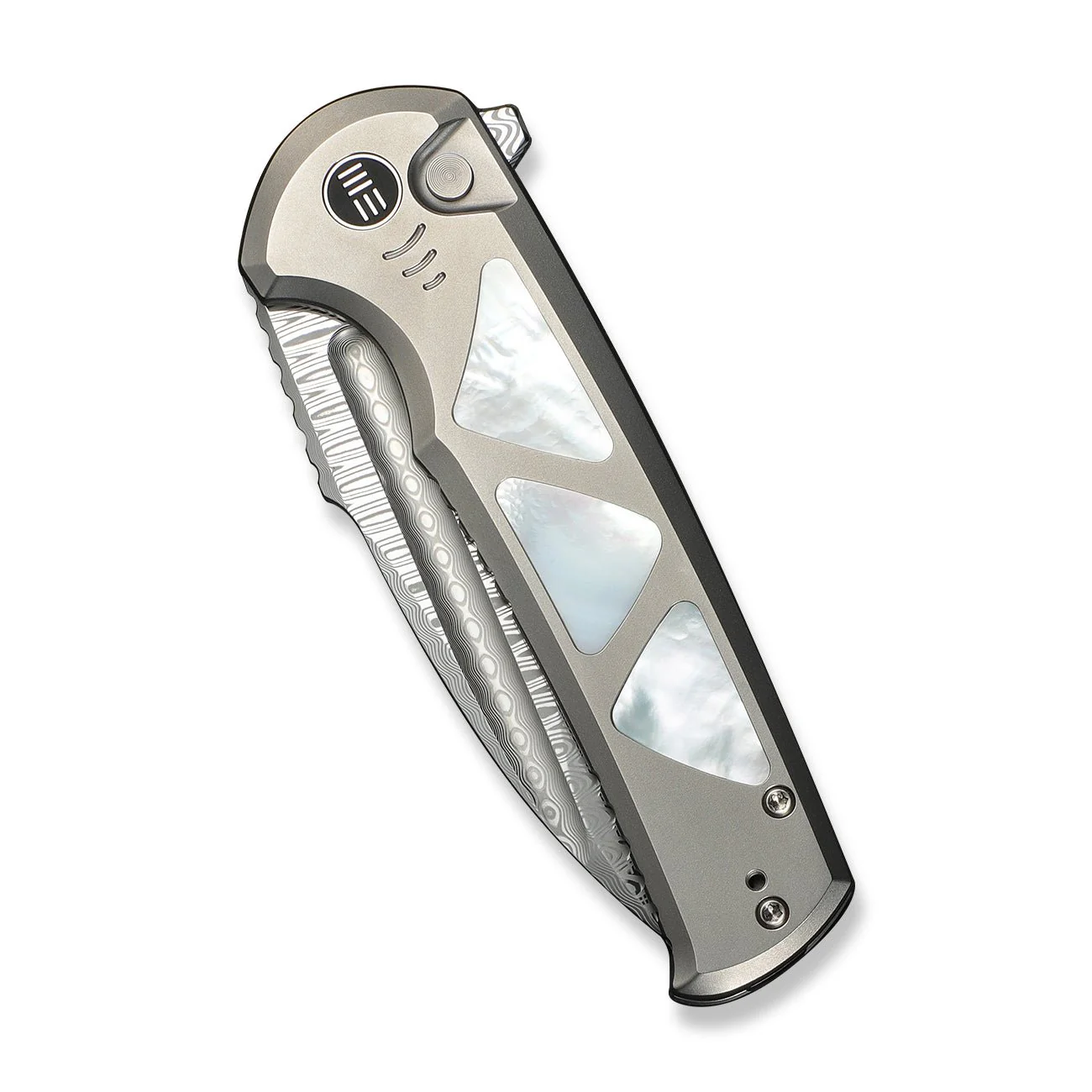 WEKNIFE Sylox Flipper & Button Lock Knife Titanium & Mother of Pearl Handle (3.8" Damasteel Blade) WE24027-DS1 - Image 6