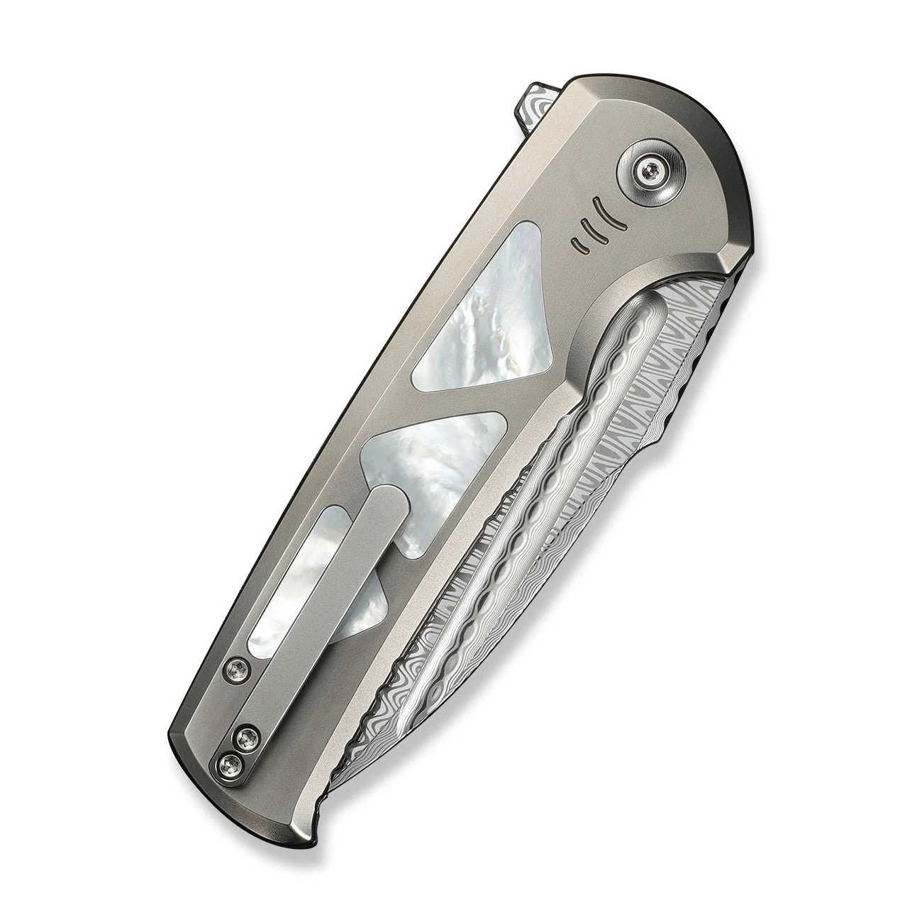 WEKNIFE Sylox Flipper & Button Lock Knife Titanium & Mother of Pearl Handle (3.8" Damasteel Blade) WE24027-DS1 - Image 7