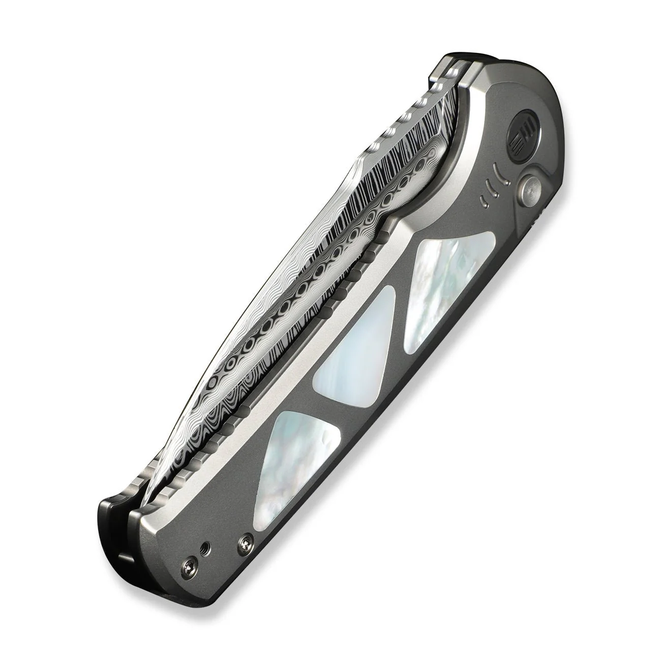 WEKNIFE Sylox Flipper & Button Lock Knife Titanium & Mother of Pearl Handle (3.8" Damasteel Blade) WE24027-DS1 - Image 8