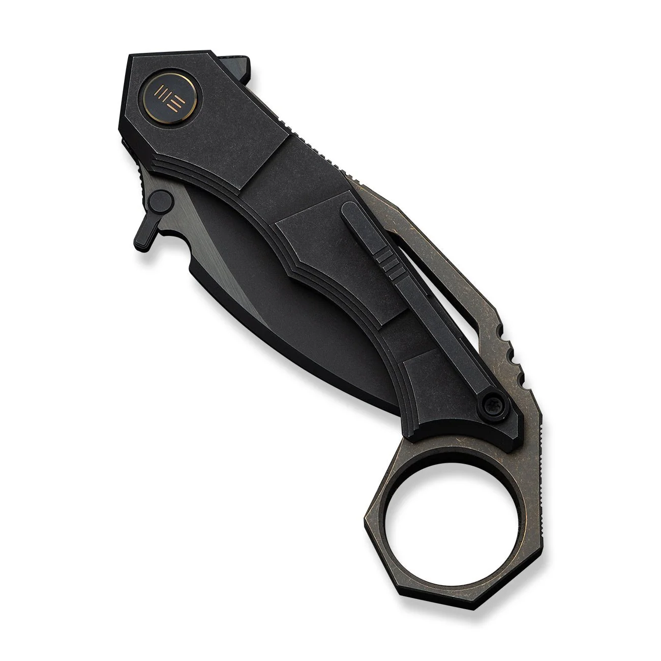 WEKNIFE Tayra Flipper Knife Black Titanium Handle Bronze Titanium Integral Backspacer & Finger Ring (2.19" Black Stonewashed Bevels, Black Brushed Flats Bohler M390 Blade) WE24069-1 - Image 6