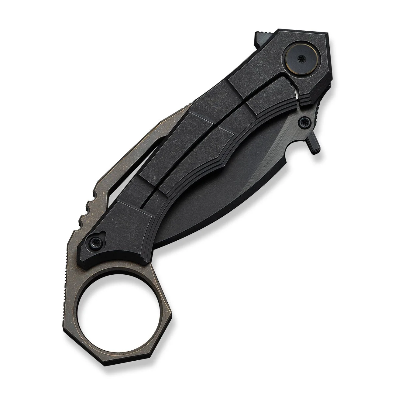 WEKNIFE Tayra Flipper Knife Black Titanium Handle Bronze Titanium Integral Backspacer & Finger Ring (2.19" Black Stonewashed Bevels, Black Brushed Flats Bohler M390 Blade) WE24069-1 - Image 7