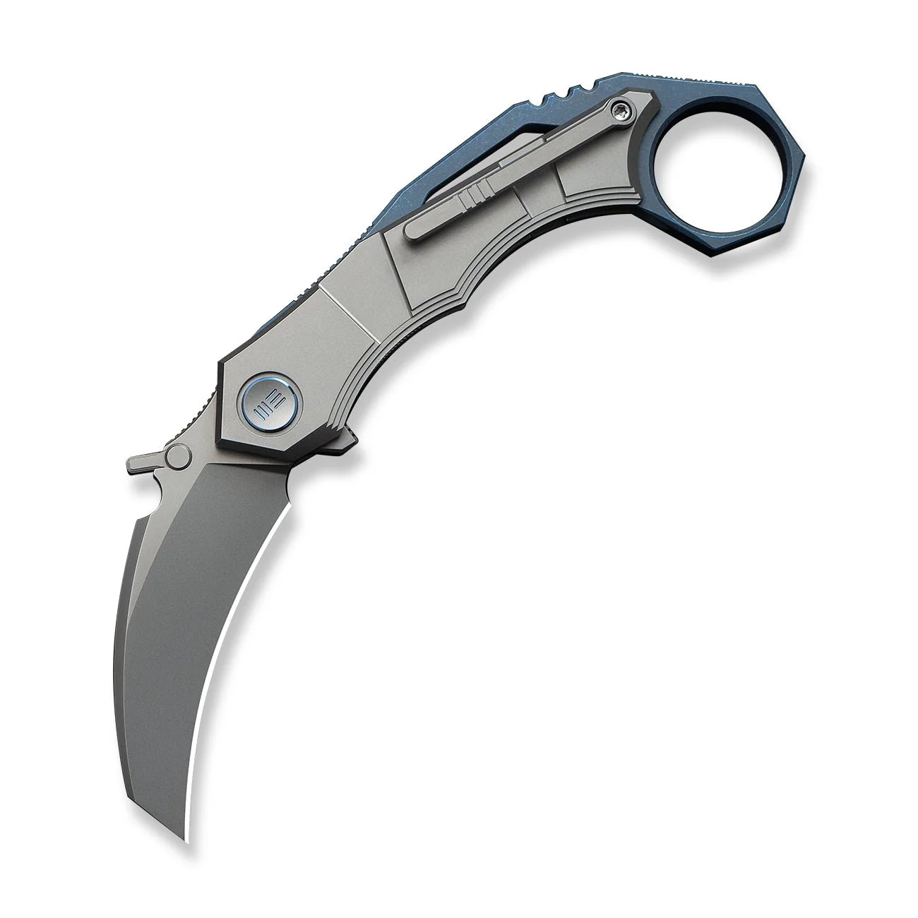 WEKNIFE Tayra Flipper Knife Gray Titanium Handle Blue Titanium Integral Backspacer & Finger Ring (2.19" Stonewashed Bohler M390 Blade) WE24069-2 - Image 3