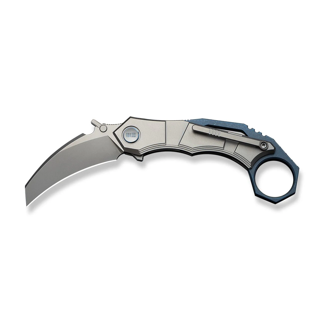 WEKNIFE Tayra Flipper Knife Gray Titanium Handle Blue Titanium Integral Backspacer & Finger Ring (2.19" Stonewashed Bohler M390 Blade) WE24069-2 - Image 4