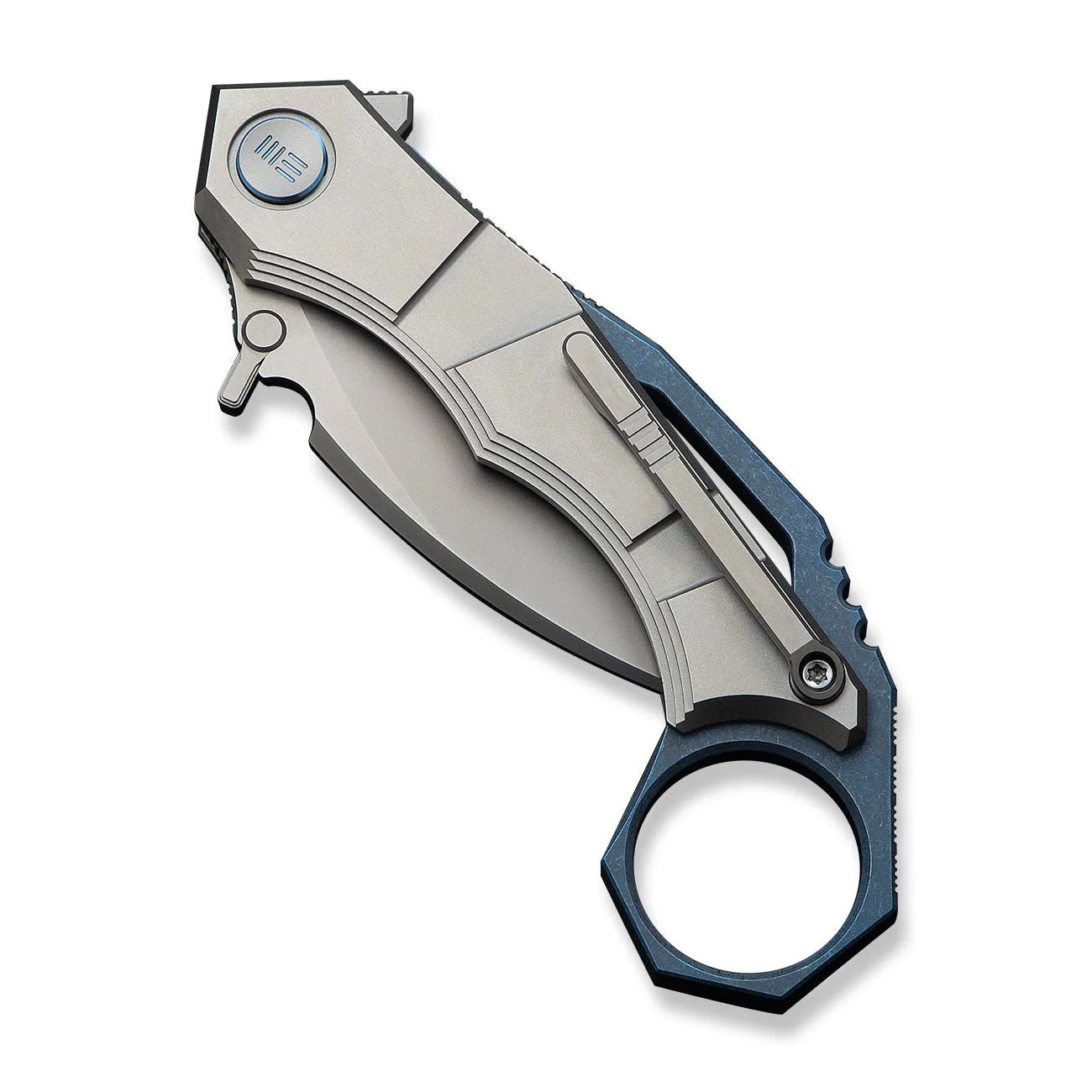 WEKNIFE Tayra Flipper Knife Gray Titanium Handle Blue Titanium Integral Backspacer & Finger Ring (2.19" Stonewashed Bohler M390 Blade) WE24069-2 - Image 6