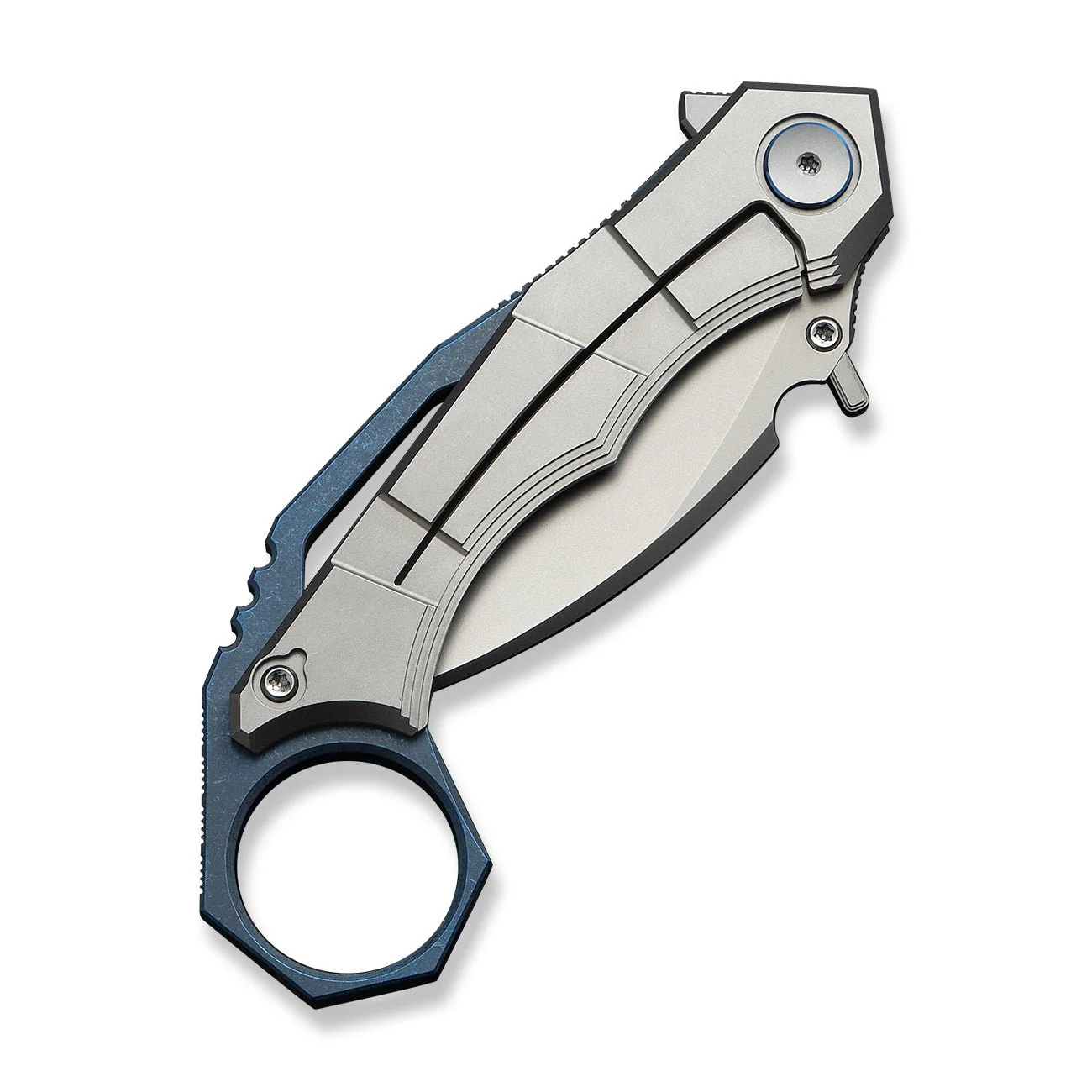 WEKNIFE Tayra Flipper Knife Gray Titanium Handle Blue Titanium Integral Backspacer & Finger Ring (2.19" Stonewashed Bohler M390 Blade) WE24069-2 - Image 7