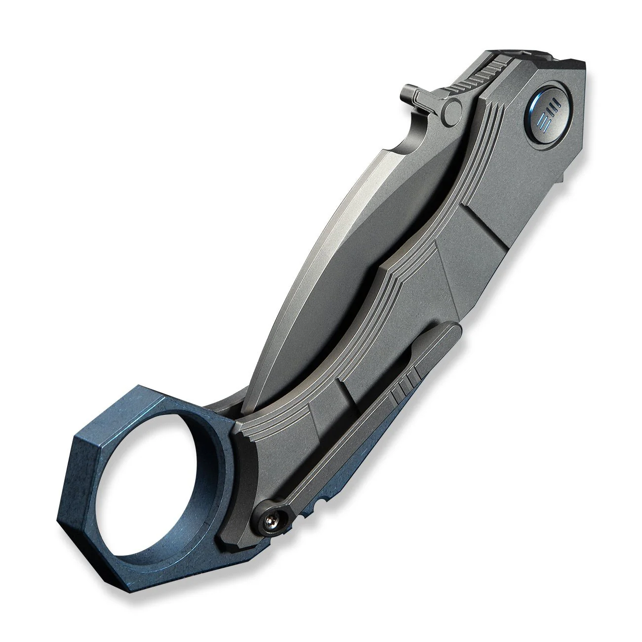 WEKNIFE Tayra Flipper Knife Gray Titanium Handle Blue Titanium Integral Backspacer & Finger Ring (2.19" Stonewashed Bohler M390 Blade) WE24069-2 - Image 8