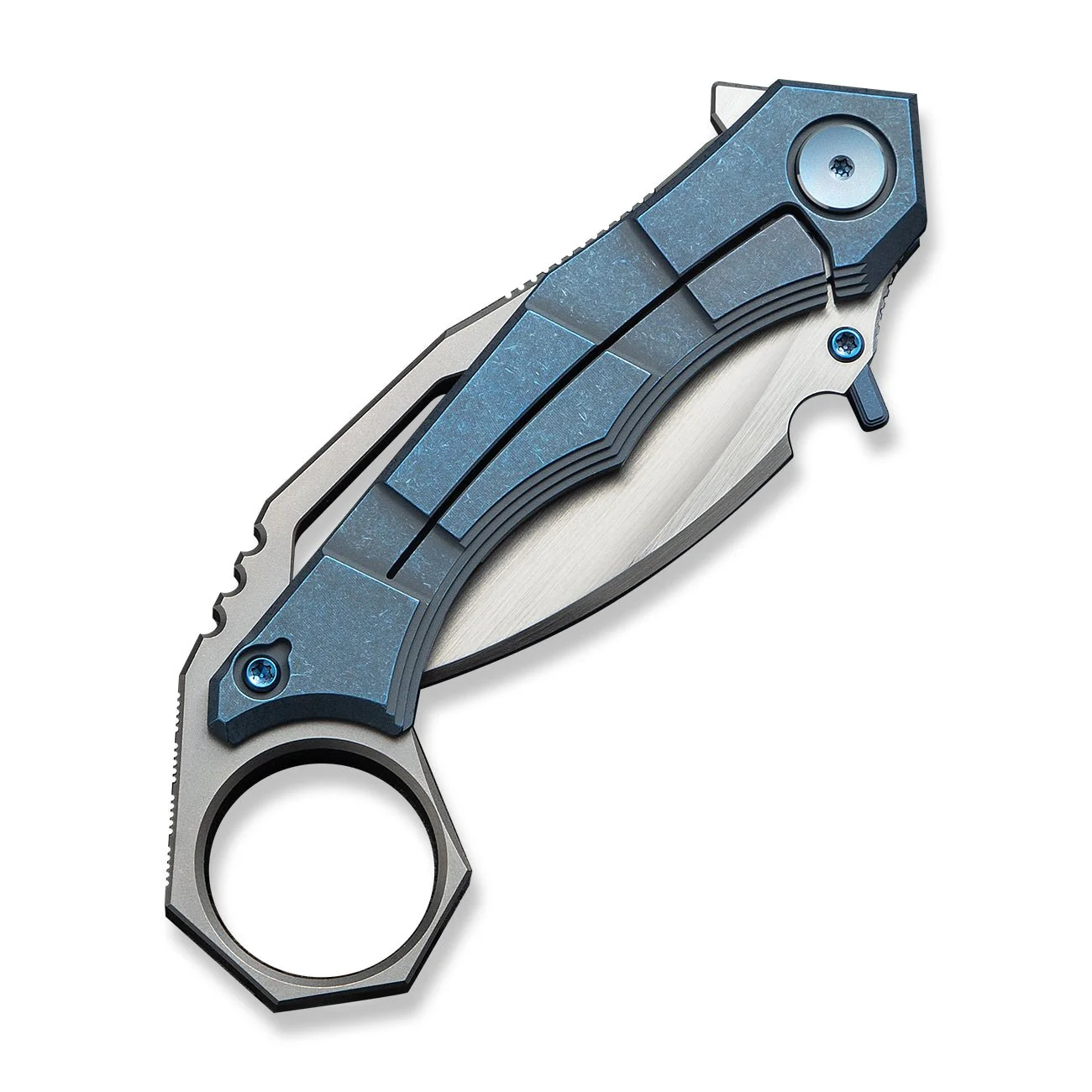 WEKNIFE Tayra Flipper Knife Blue Titanium Handle Gray Titanium Integral Backspacer & Finger Ring (2.19" Hand Rubbed Satin Bohler M390 Blade) WE24069-3 - Image 7