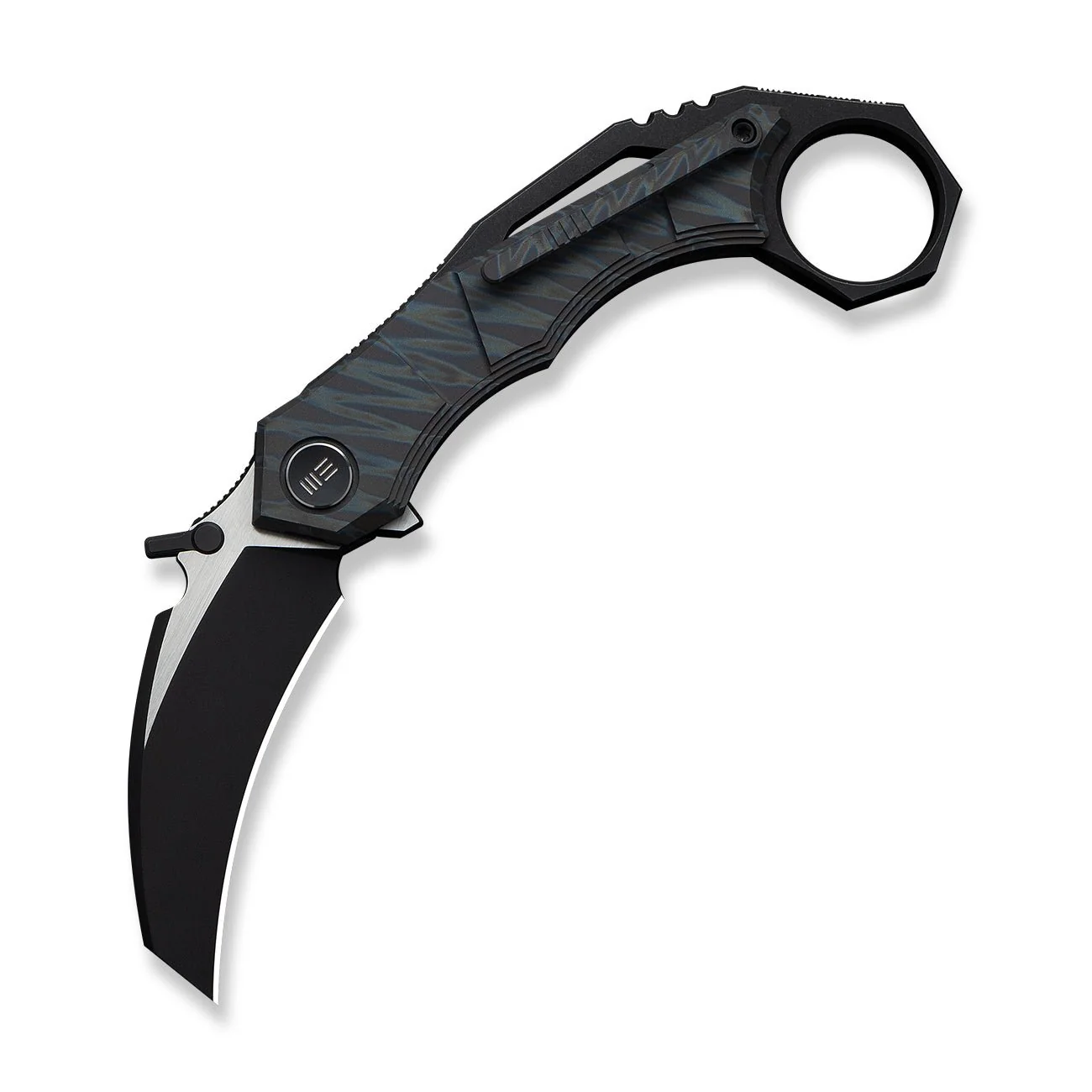WEKNIFE Tayra Flipper Knife Tiger Stripe Pattern Flamed Titanium Handle Black Titanium Integral Backspacer & Finger Ring (2.19" Black Stonewashed Bohler M390 Blade, Satin Flat) WE24069-4 - Image 3