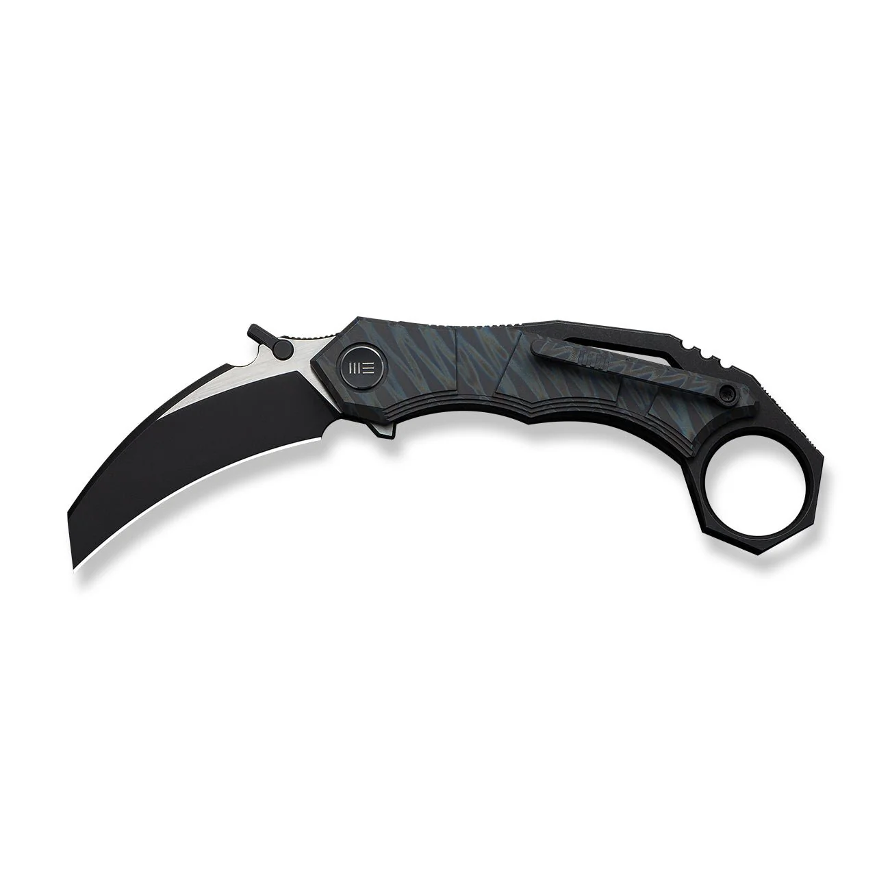 WEKNIFE Tayra Flipper Knife Tiger Stripe Pattern Flamed Titanium Handle Black Titanium Integral Backspacer & Finger Ring (2.19" Black Stonewashed Bohler M390 Blade, Satin Flat) WE24069-4 - Image 4